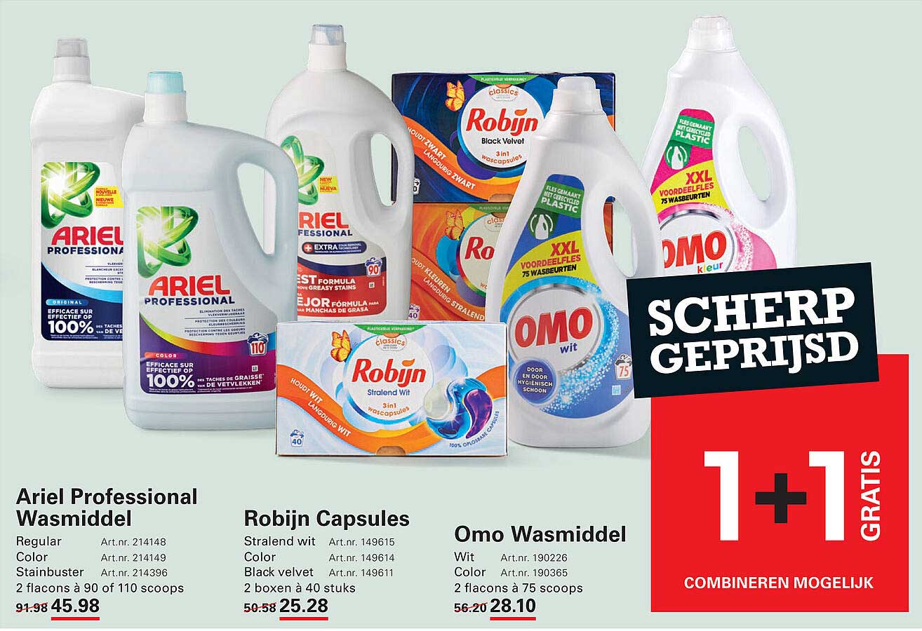 Ariel Professional Wasmiddel, Robijn Capsules, Omo Wasmiddel