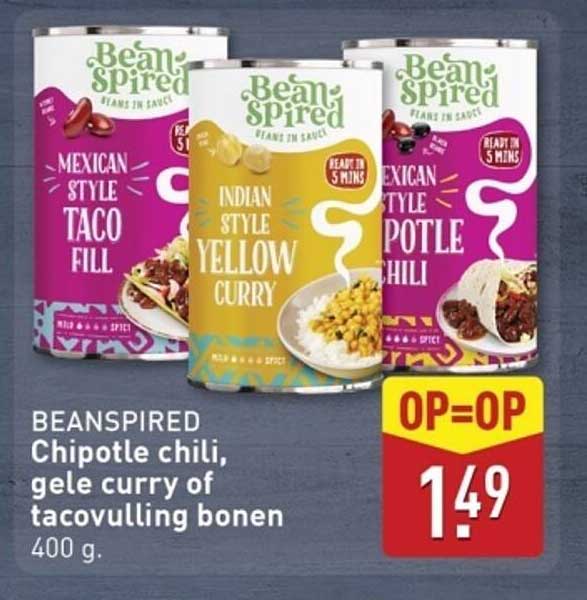 BEANSPIRIED Chipotle chili, gele curry of tacovulling bonen 400 g.