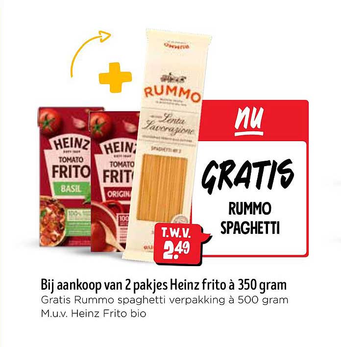 Bij aankoop van 2 pakjes Heinz frito à 350 gram Gratis Rummo spaghetti verpakking à 500 gram M.u.v. Heinz Frito bio