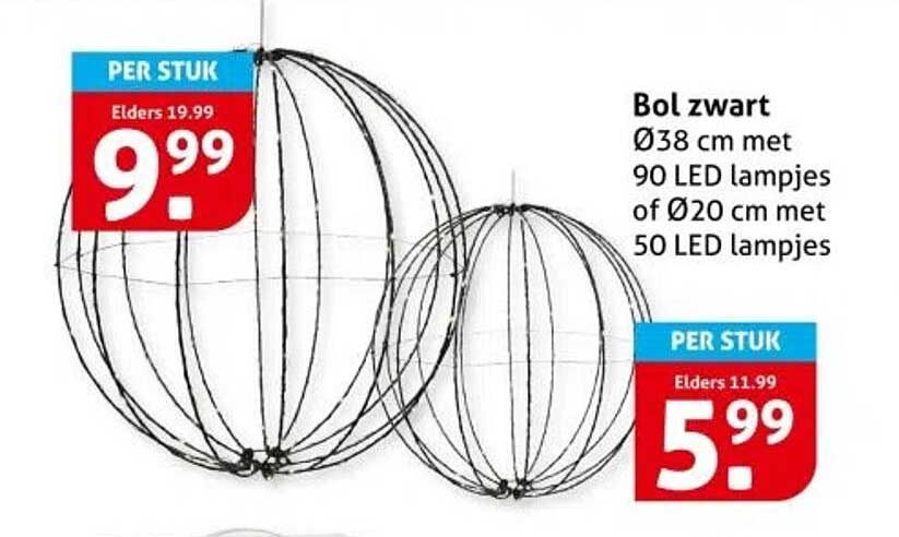 Bol zwart Ø38 cm met 90 LED lampjes of Ø20 cm met 50 LED lampjes