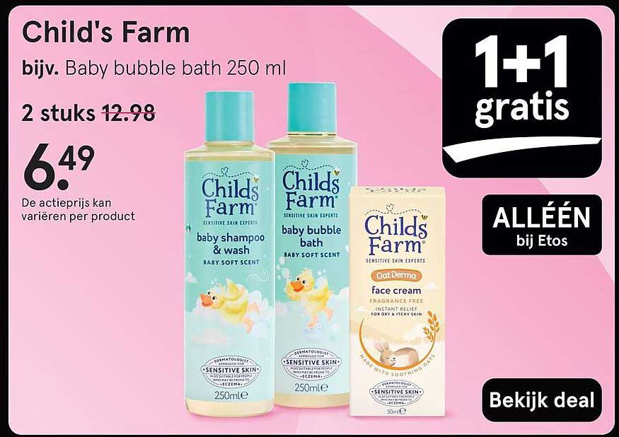 Child's Farm bijv. Baby bubble bath 250 ml 1+1 gratis