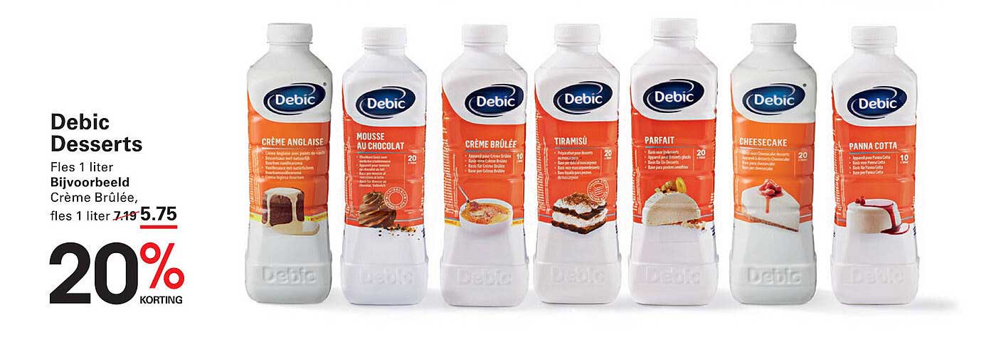 De complete Debic Desserts 1 liter, zoals Crème Brûlée, nu met 20% korting!