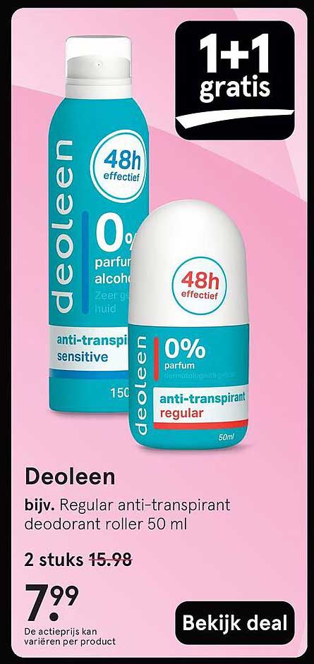 Deoleen bijv. Regular anti-transpirant deodorant roller 50 ml 1+1 gratis