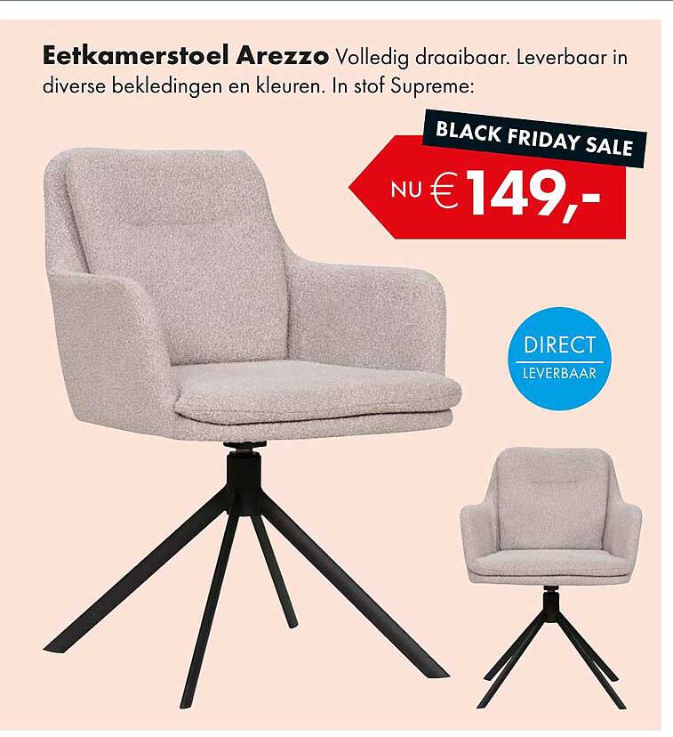 Eetkamerstoel Arezzo Volledig draaibaar. Leverbaar in diverse bekledingen en kleuren. In stof Supreme: