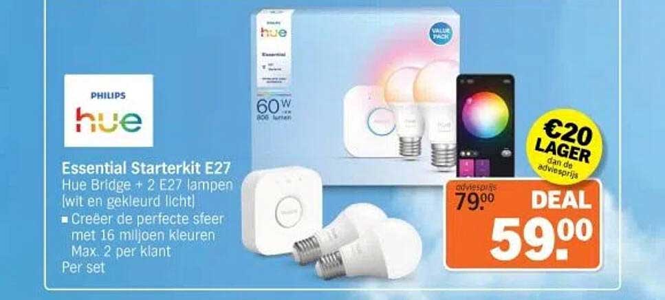 Essential Starterkit E27 Hue Bridge + 2 E27 lampen (wit en gekleurd licht)