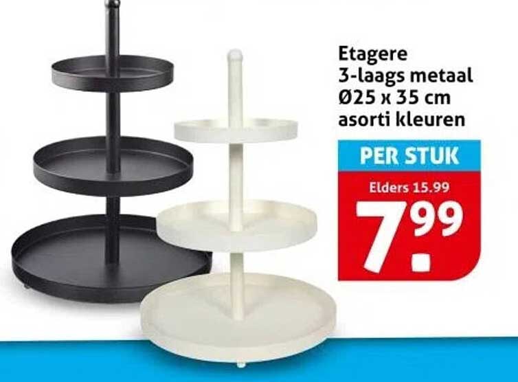 Etagere 3-laags metaal Ø25 x 35 cm assorti kleuren