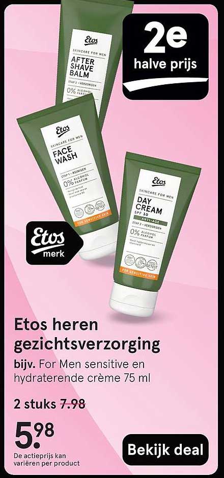 Etos heren gezichtsverzorging bijv. For Men sensitive en hydraterende crème 75 ml