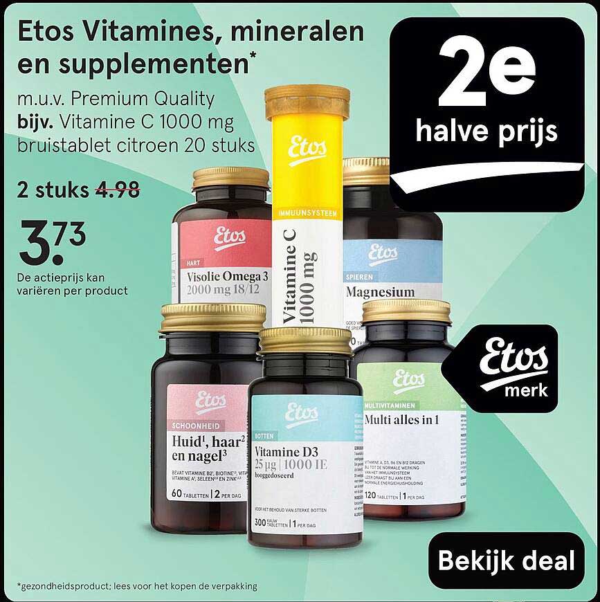 Etos Vitamines, mineralen en supplementen* m.u.v. Premium Quality bijv. Vitamine C 1000 mg bruisable citroen 20 stuks