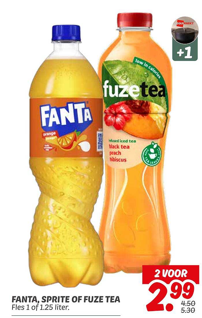 FANTA, SPRITE OF FUZE TEA, Fles 1 of 1.25 liter.