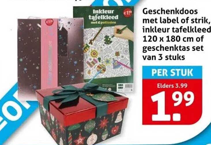 Geschenkdoos met label of strik, in kleur tafelkleed 120 x 180 cm of geschenktas set van 3 stuks