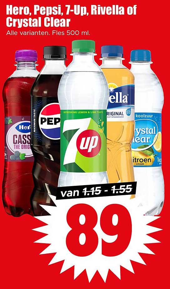 Hero, Pepsi, 7-Up, Rivella of Crystal Clear - Alle varianten. Fles 500 ml.