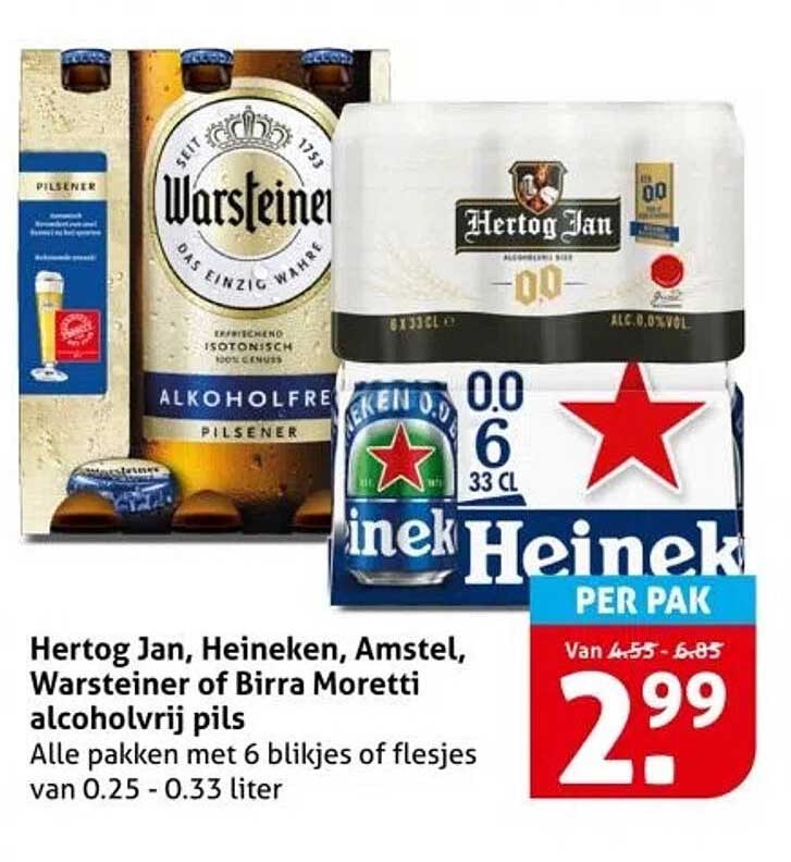 Hertog Jan, Heineken, Amstel, Warsteiner of Birra Moretti alcoholvrij pils
