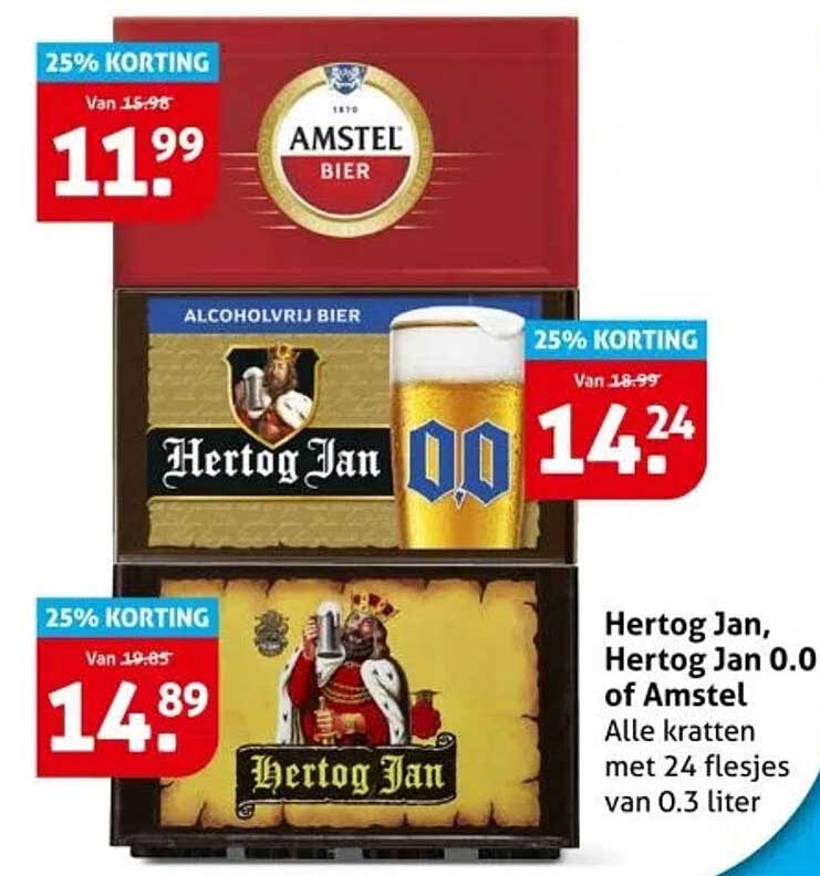 Hertog Jan, Hertog Jan 0.0 of Amstel - Alle kratten met 24 flesjes van 0.3 liter