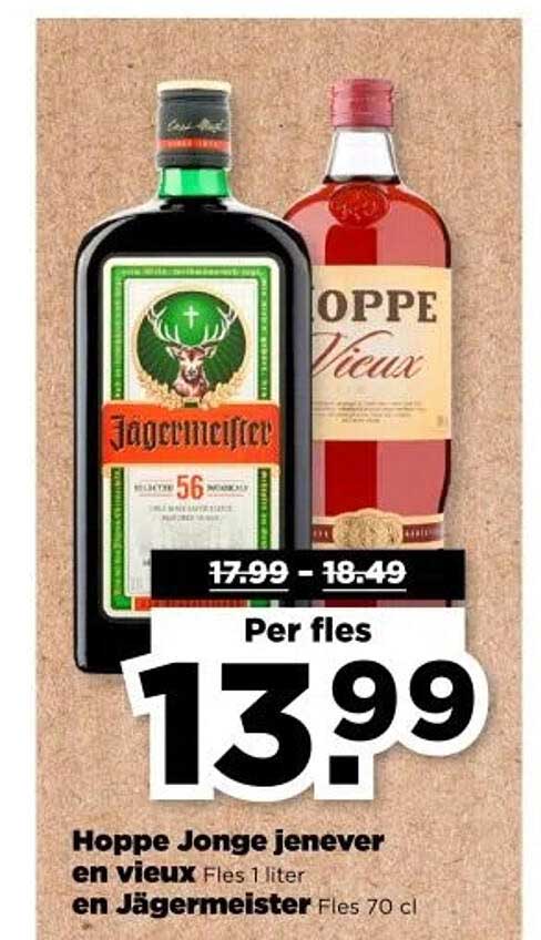 Hoppe Jonge jenever en vieux Fles 1 liter en Jägermeister Fles 70 cl