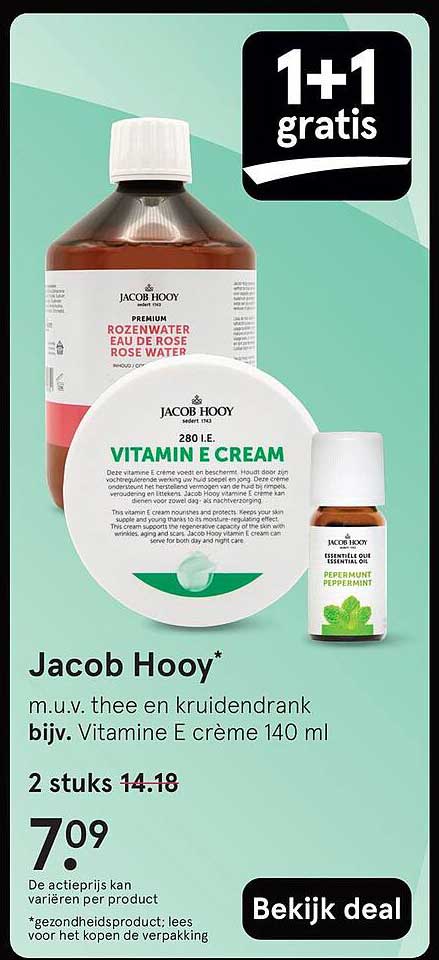 Jacob Hooy m.u.v. thee en kruidendrank bijv. Vitamine E crème 140 ml