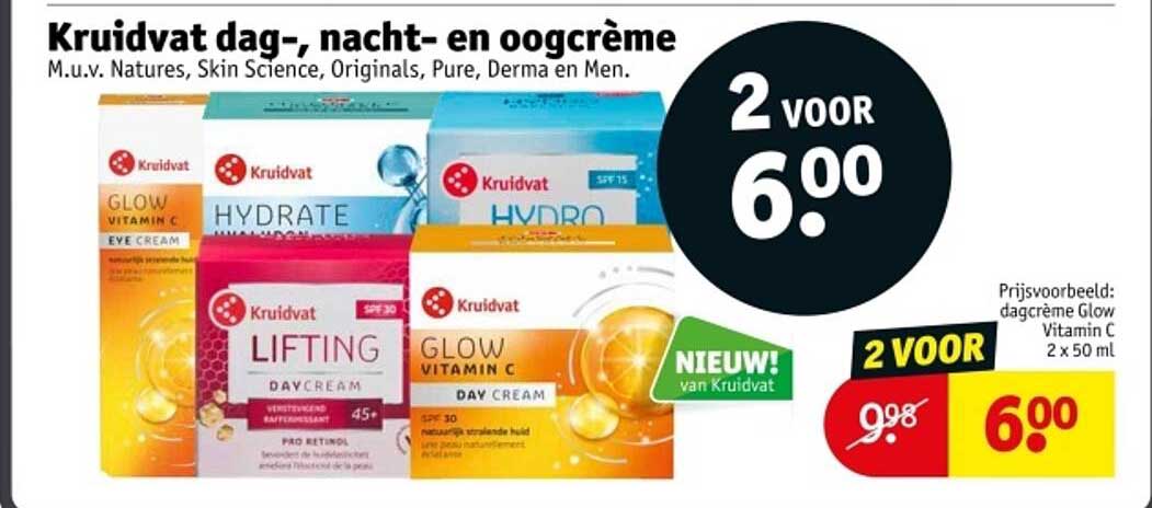 Kruidvat dag-, nacht- en oogcrème M.u.v. Natures, Skin Science, Originals, Pure, Derma en Men.