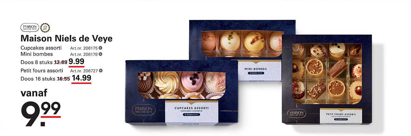 Maison Niels de Veye Cupcakes assorti, Mini bombes, Doos 8 stuks, Petit fours assorti, Doos 16 stuks
