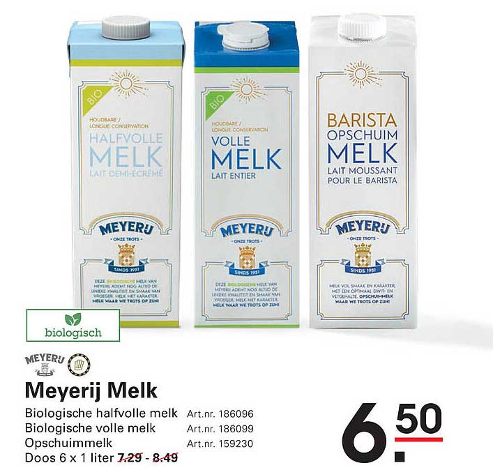 Meyerij Melk Biologische halfvolle melk, Biologische volle melk, Opschuummelk