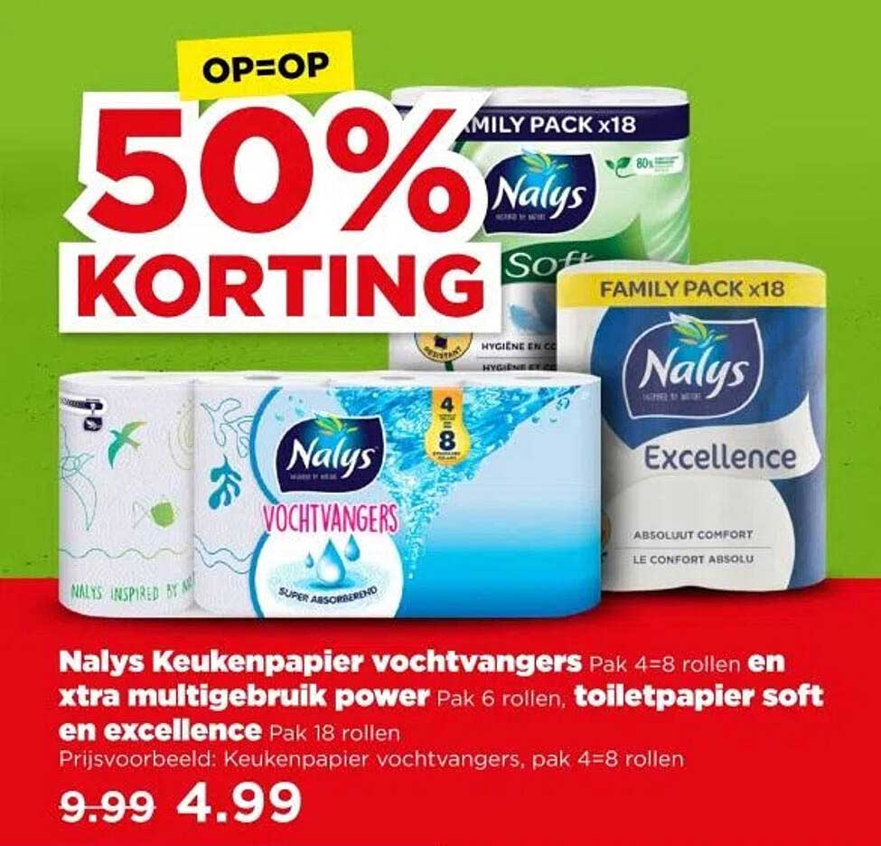 Nalys Keukenpapier vochtvangers Pak 4=8 rollen en xtra multigebruik power Pak 6 rollen, toiletpapier soft en excellence Pak 18 rollen