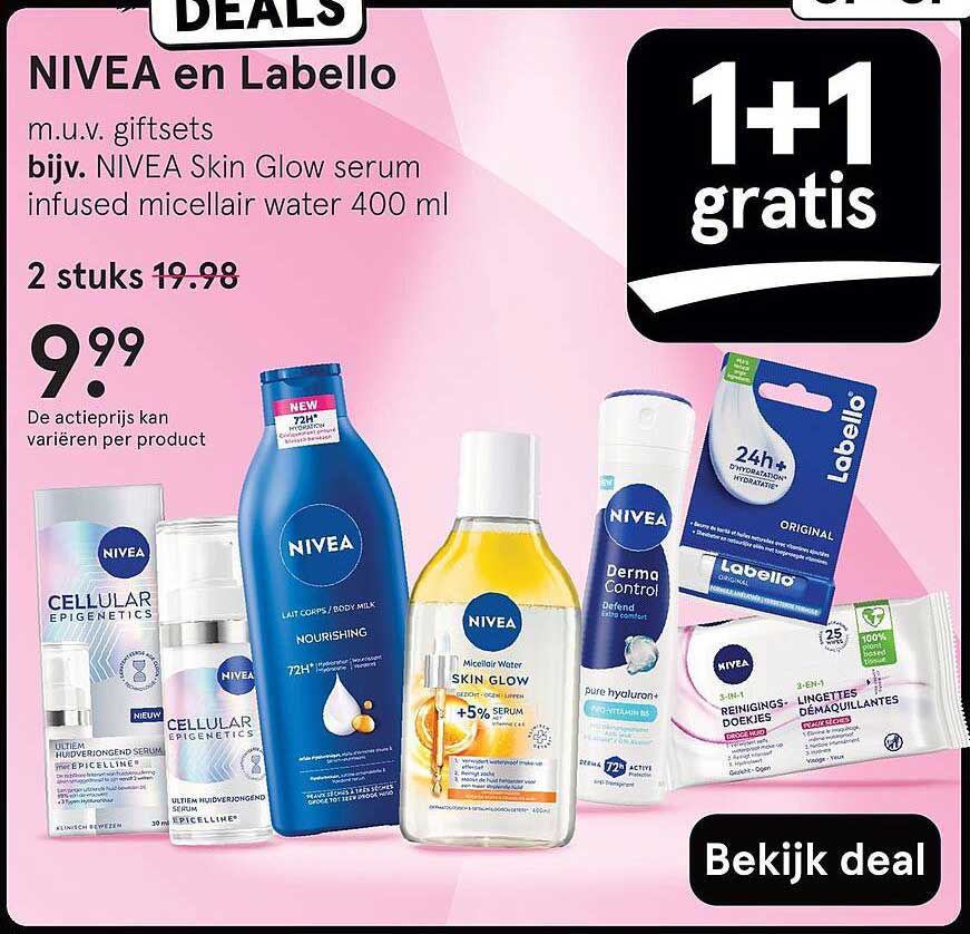 NIVEA en Labello m.u.v. giftsets bijv. NIVEA Skin Glow serum infused micellair water 400 ml 2 stuks 19.98