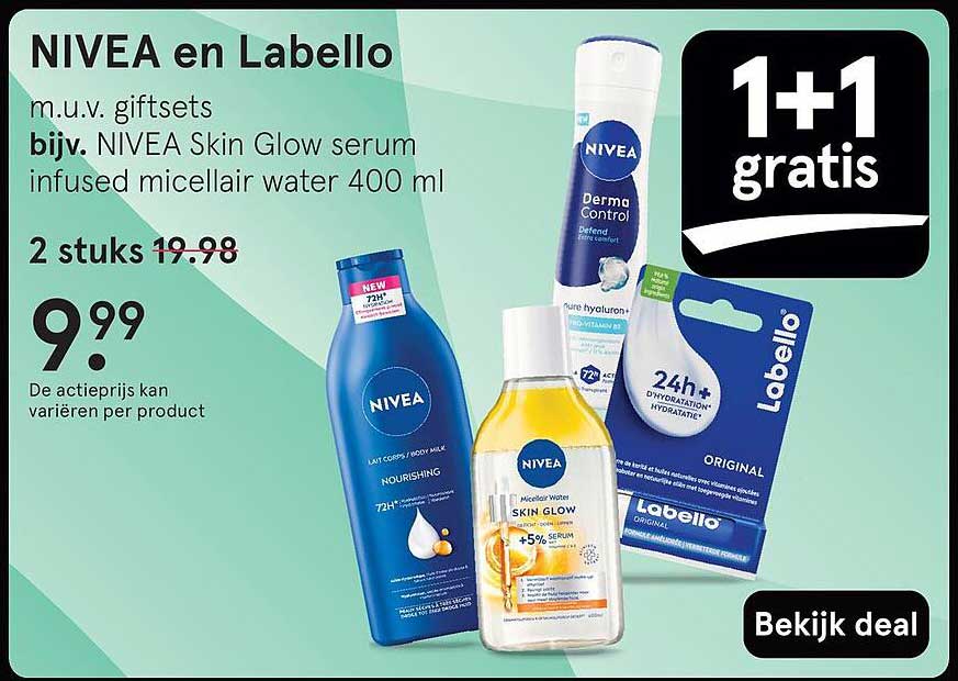 NIVEA en Labello m.u.v. giftsets bijv. NIVEA Skin Glow serum infused micellair water 400 ml
