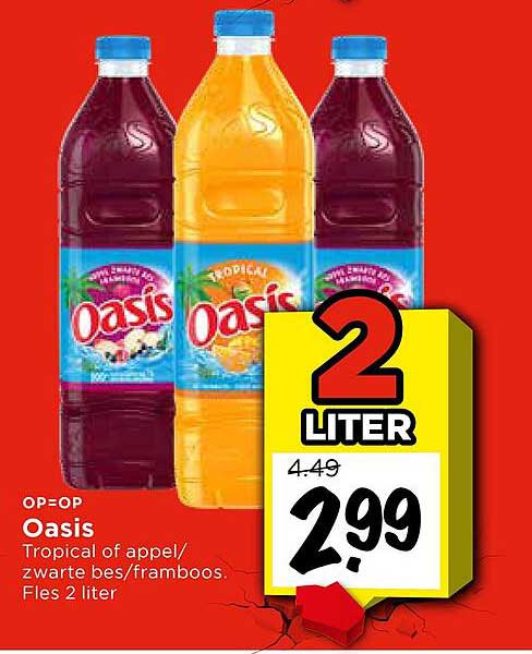 Oasis Tropical of appel/zwarte bes/framboos. Fles 2 liter
