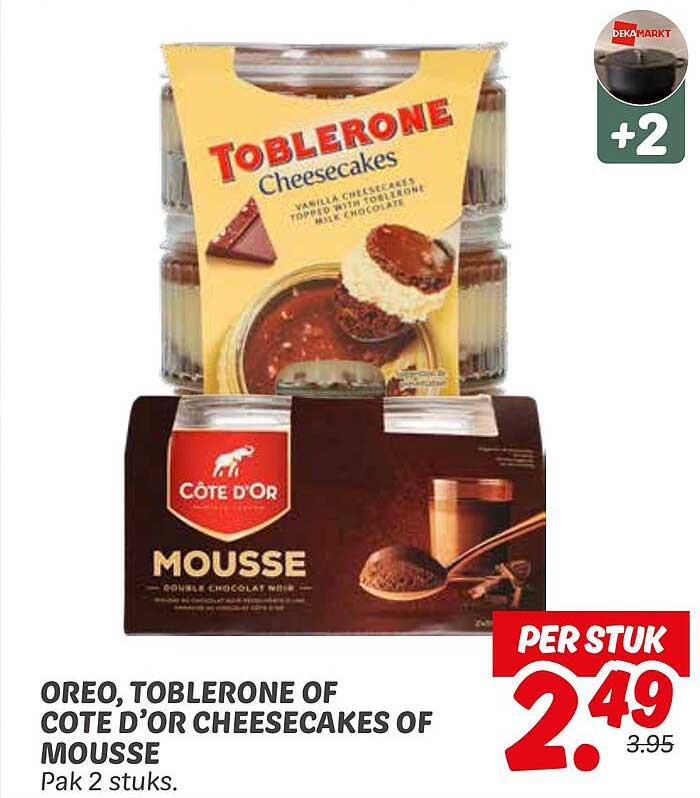 OREO, TOBLERONE OF COTE D’OR CHEESECAKES OF MOUSSE Pak 2 stuks.