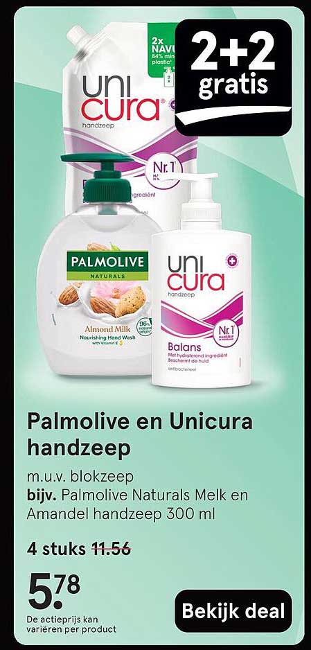 Palmolive en Unicura handzeep m.u.v. blokzeep bijv. Palmolive Naturals Melk en Amandel handzeep 300 ml