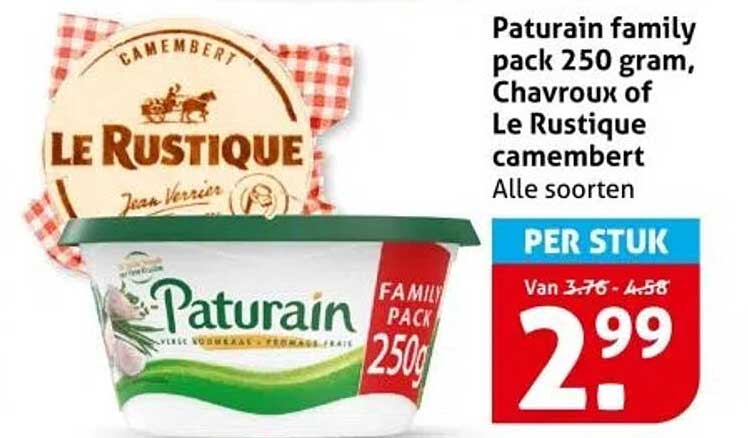 Paturain family pack 250 gram, Chavroux of Le Rustique camembert Alle soorten