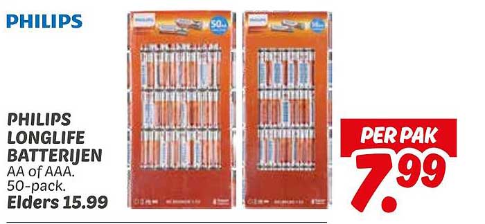 PHILIPS LONGLIFE BATTERJEN AA of AAA. 50-pack.
