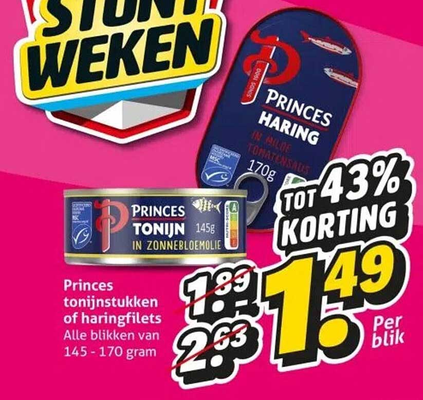 Princes tonijnstukken of haringfilets Alle blikken van 145 - 170 gram