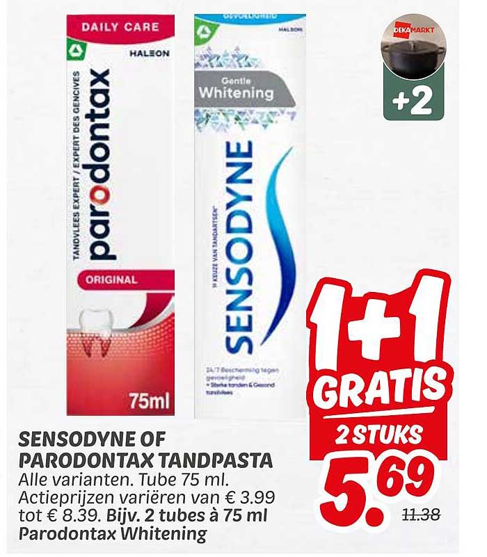 SENSODYNE OF PARODONTAX TANDPASTA 1+1 GRATIS