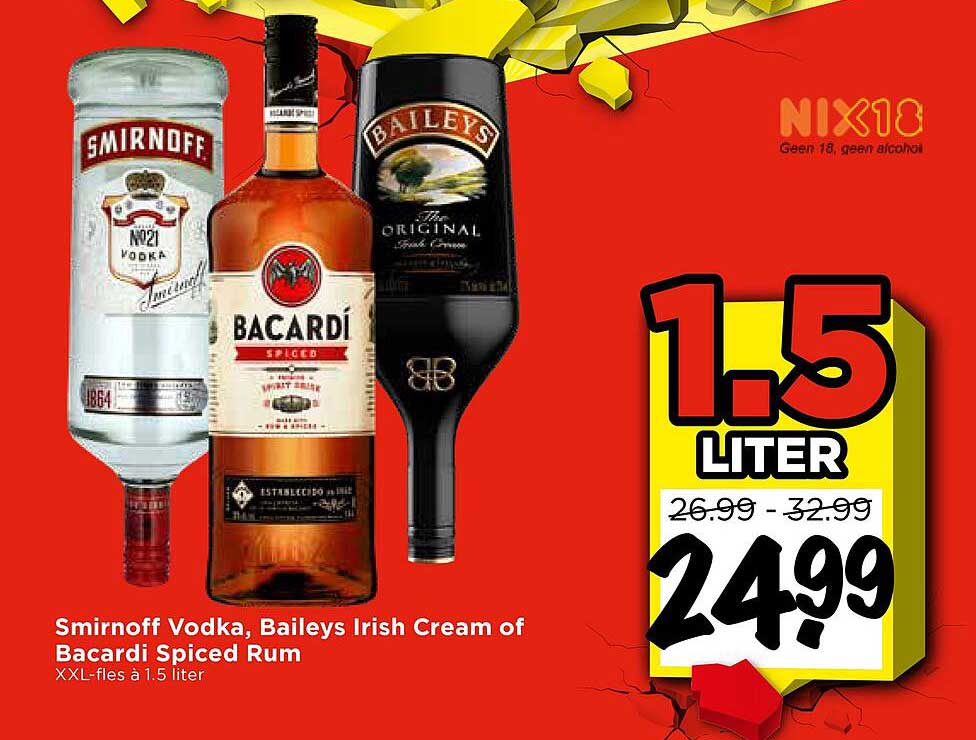 Smirnoff Vodka, Baileys Irish Cream of Bacardi Spiced Rum XXL-fles à 1.5 liter