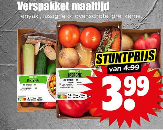 Verspakket maaltijd - Teriyaki, lasagne of ovenschotel prei kerrie