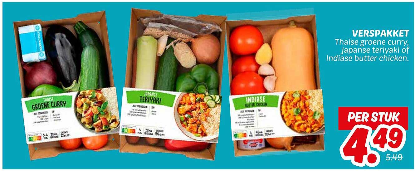 VERSPAKKET Thaise groene curry, Japanse teriyaki of Indiase butter chicken.