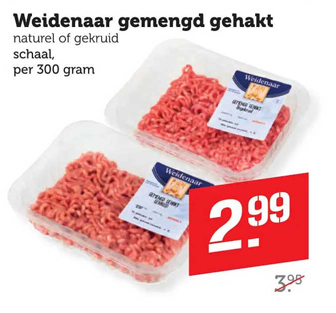 Weidenaar gemengd gehakt natuur of gekruid, per 300 gram