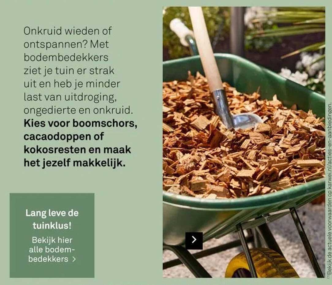 Kies voor boomschors, cacaodoppen of kokosresten en maak het jezelf makkelijk.