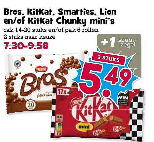 Bros, KitKat, Smarties, Lion en/of KitKat Chunky mini's 2 stuks naar keuze 2 stuks