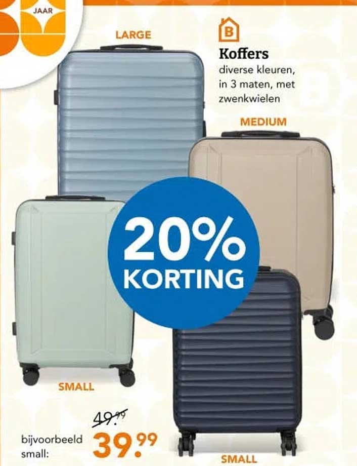 Koffers diverse kleuren, in 3 maten, met zwenkwielen 20% korting
