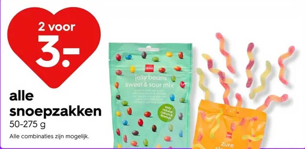 2 voor 3,- op alle snoepzakken