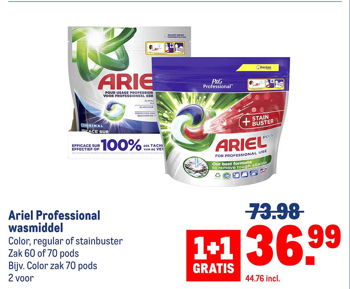 Ariel Professional wasmiddel Color, regular of stainbuster Zak 60 of 70 pods 2 voor