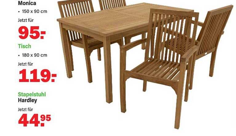 Monica Tafel 150 x 90 cm voor 95,- en Stapelstoel Hardley voor 44,95