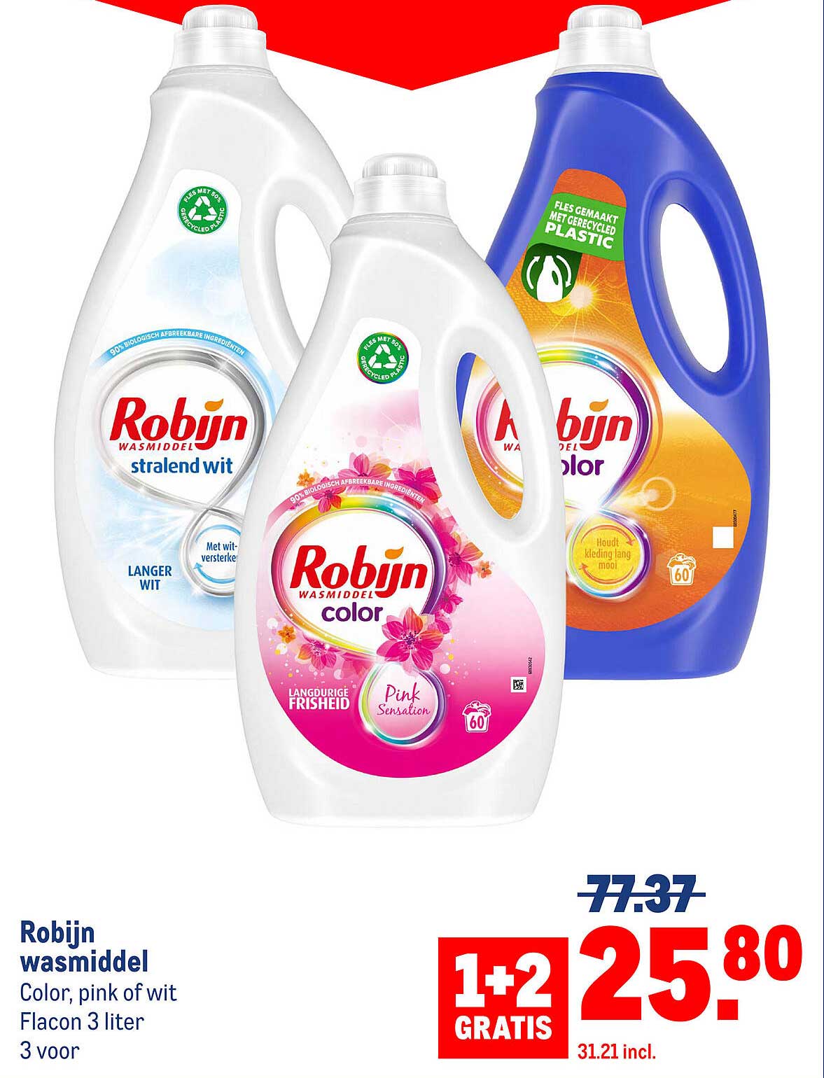 Robijn wasmiddel Color, pink of wit Flacon 3 liter 3 voor