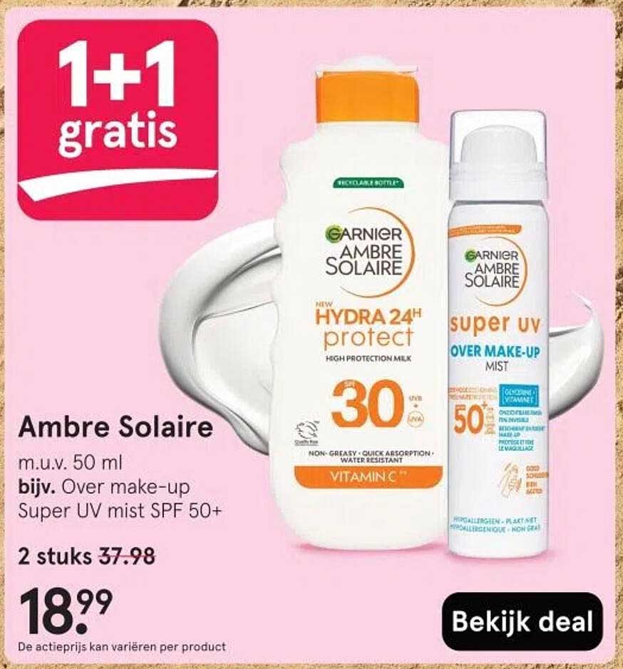 1+1 gratis Ambre Solaire m.u.v. 50 ml bijv. Over make-up Super UV mist SPF 50+
