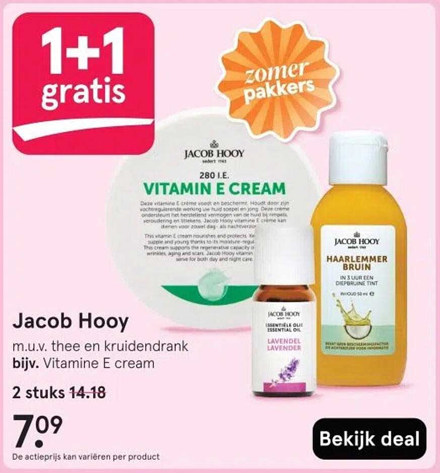1+1 gratis Jacob Hooy bijv. Vitamin E cream