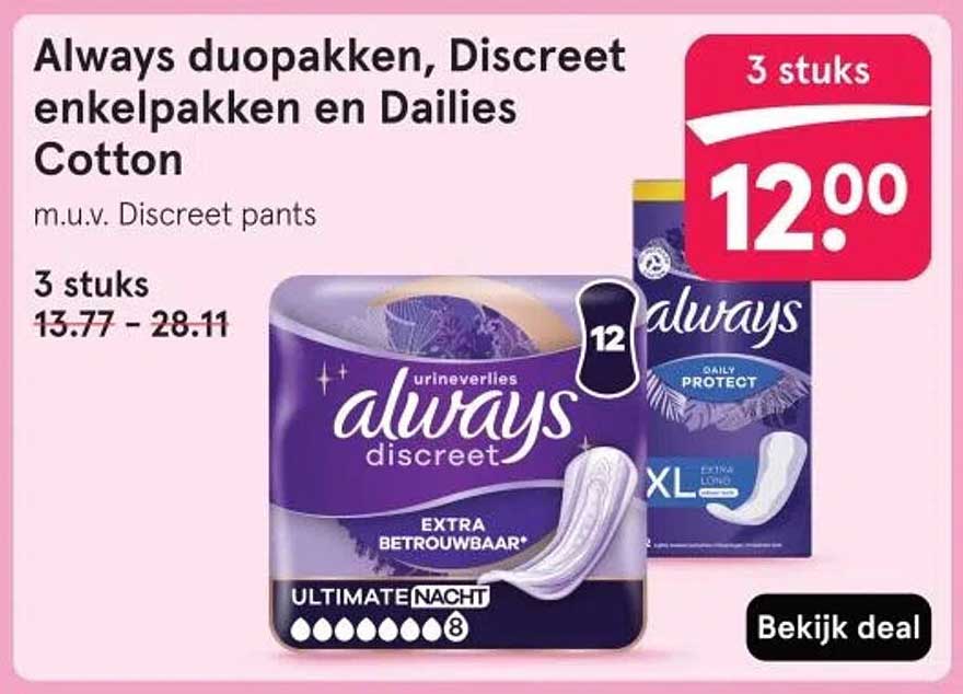 Always duopakken, Discreet enkelpakken en Dailies Cotton