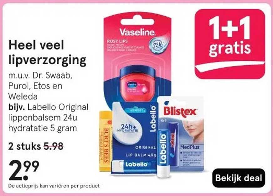 Heel veel lipverzorging m.u.v. Dr. Swaab, Purol, Etos en Weleda bijv. Labello Original lippenbalsem 24u hydratatie 5 gram 2 stuks 5.98