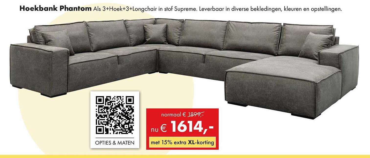 Hoekbank Phantom Als 3+Hoek+3 Longchair in stof Supreme.