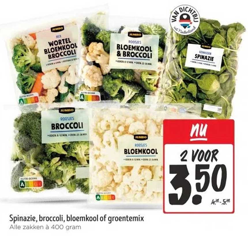 Spinazie, broccoli, bloemkool of groentemix