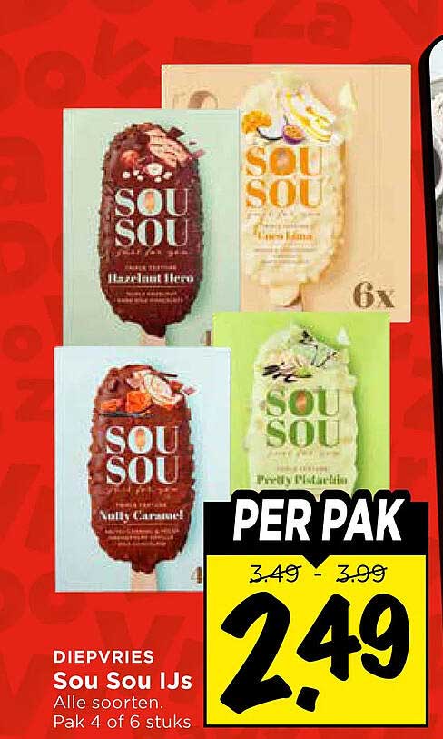 Diepvries Sou Sou IJs Alle soorten. Pak 4 of 6 stuks PER PAK